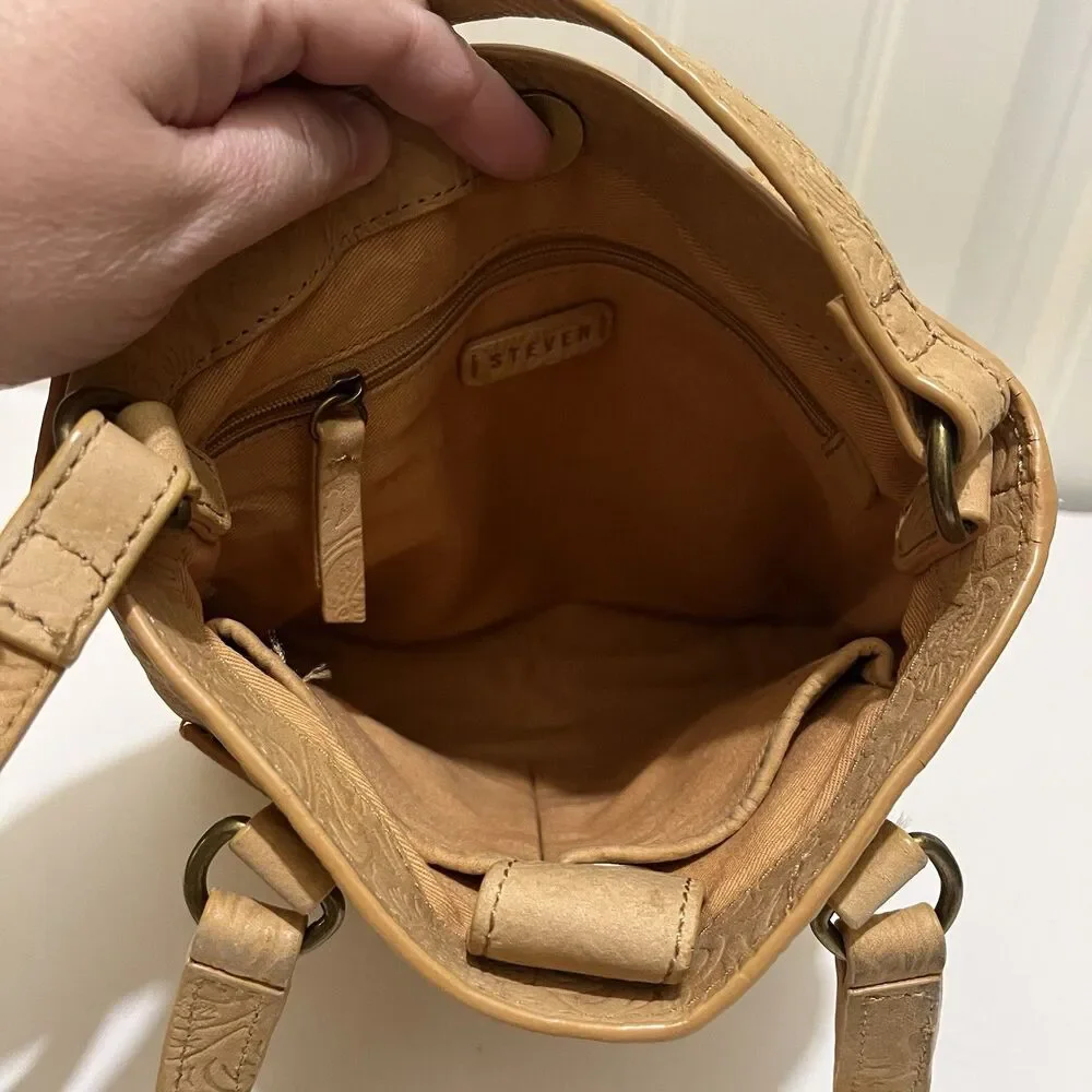 Steven By Steve Madden Embossed Floral Tan Leather Crossbody Bag Western Boho